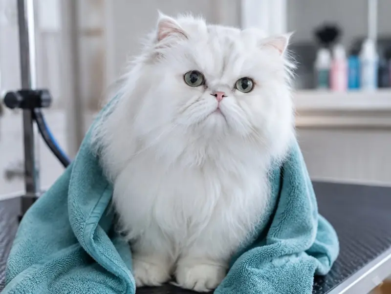 Fluffy white cat wrapped in a teal towel after grooming