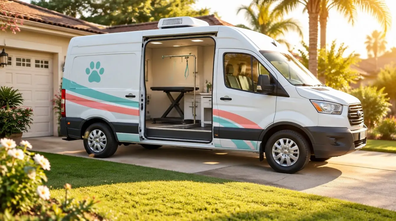 Delta Divas mobile grooming van parked in a client's driveway