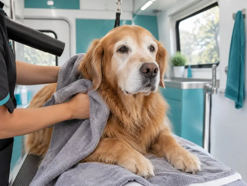 Groomer gently drying a senior golden retriever
